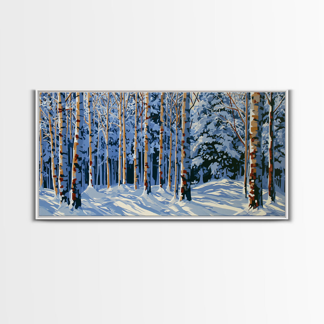 Snowy Nordic Forest Framed Canvas Print, Scandinavian Art, Abstract Wall Art, Living Room Decor, Oil Painting, Nordic, SCA-2x1-45