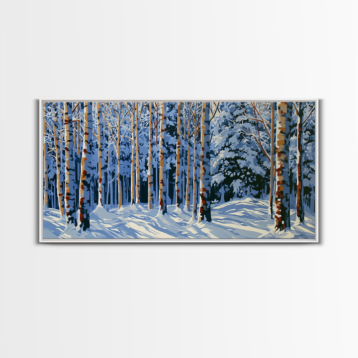 Snowy Nordic Forest Framed Canvas Print, Scandinavian Art, Abstract Wall Art, Living Room Decor, Oil Painting, Nordic, SCA-2x1-45