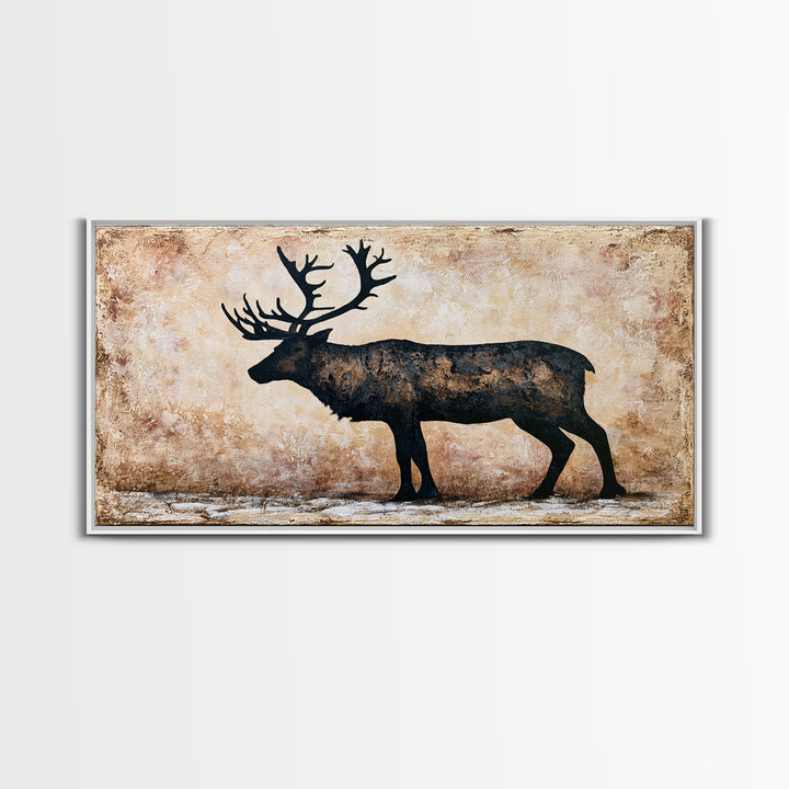 Reindeer Silhouette in Snowy Landscape Canvas Print, Scandinavian Art, Mid Century Modern, Living Room Decor, Nordic, SCA-2x1-50