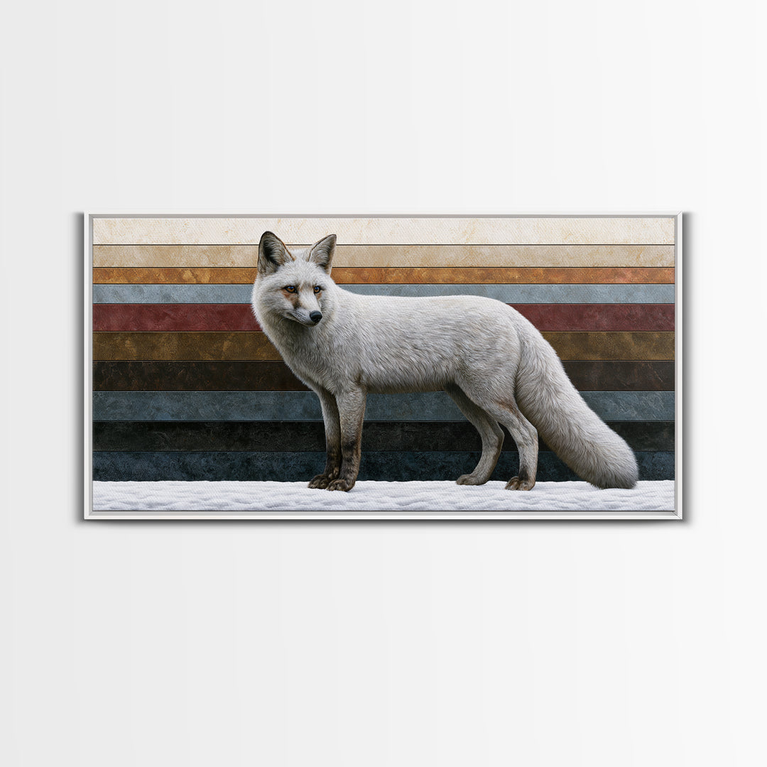 White Fox in Quiet Snow Framed Canvas Print, Scandinavian Art, Printable Wall Art, Living Room Decor, Fine Art, Nordic, SCA-2x1-56
