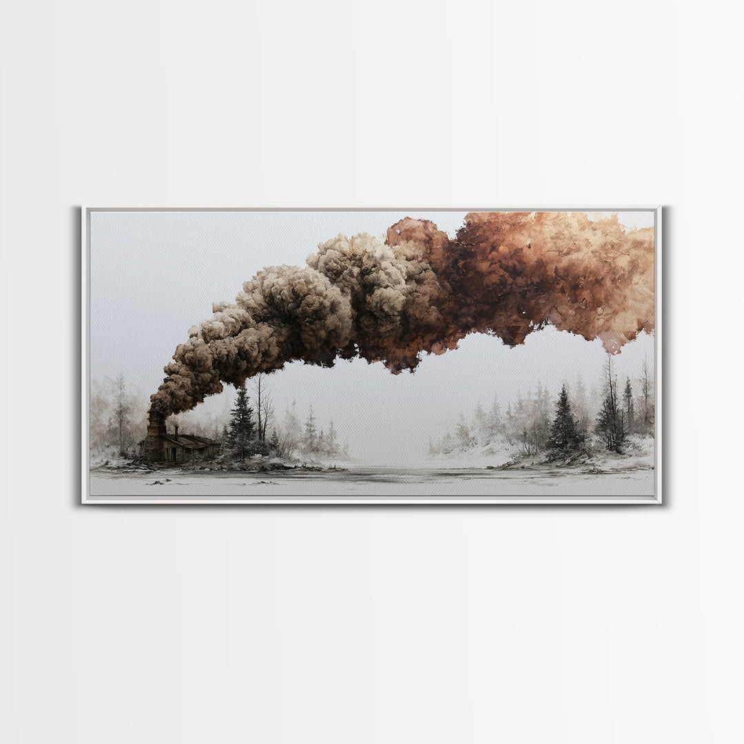 Winter Cabin Smoke Canvas Print, Scandinavian Art, Art Print, Living Room Decor, Oil Painting, Nordic, Farmhouse Decor, SCA-2x1-62