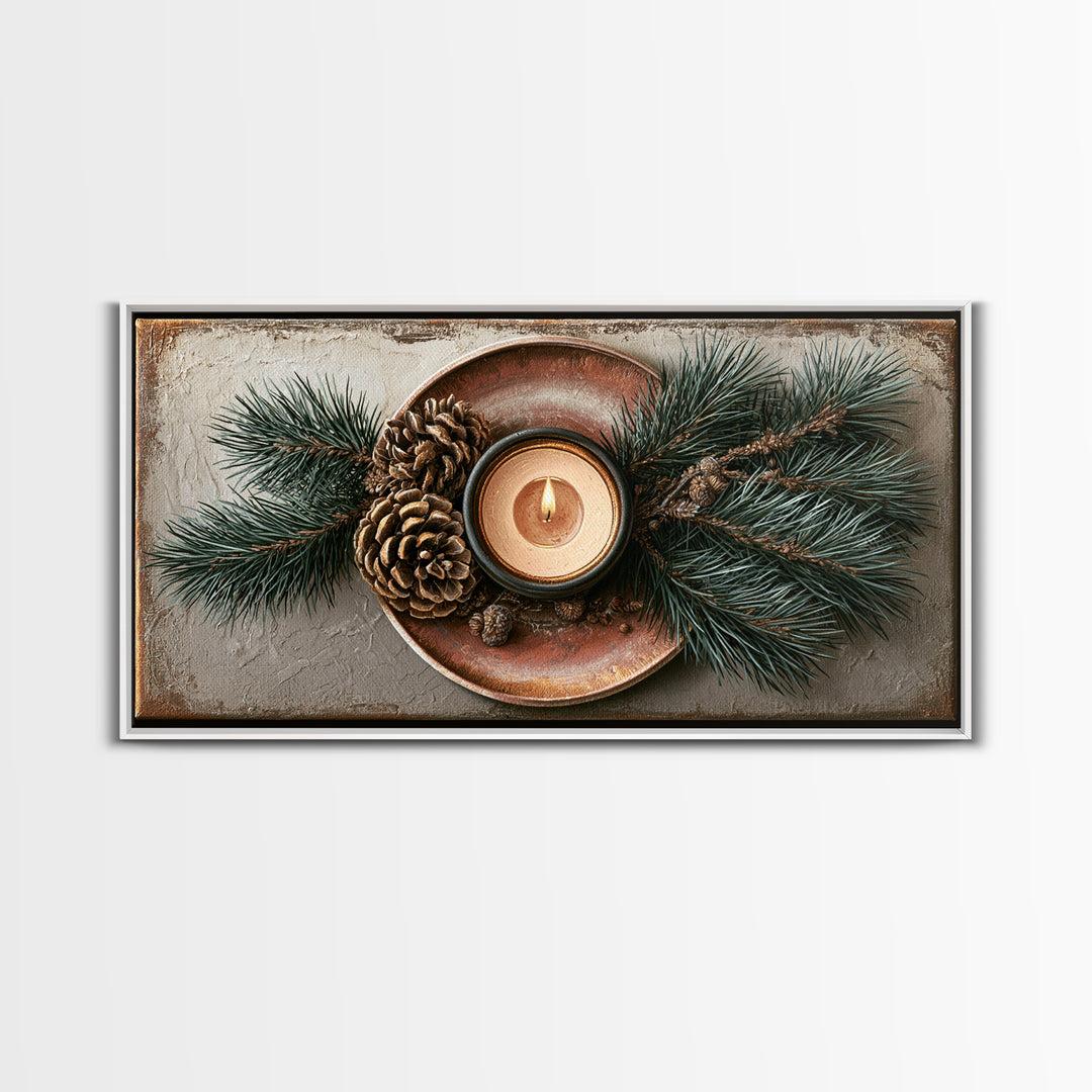 Hygge Candle and Pine Branch Still Life Framed Canvas Print, Scandinavian Art, Oil Painting, Living Room Decor, Watercolor Art, SCA-2x1-72
