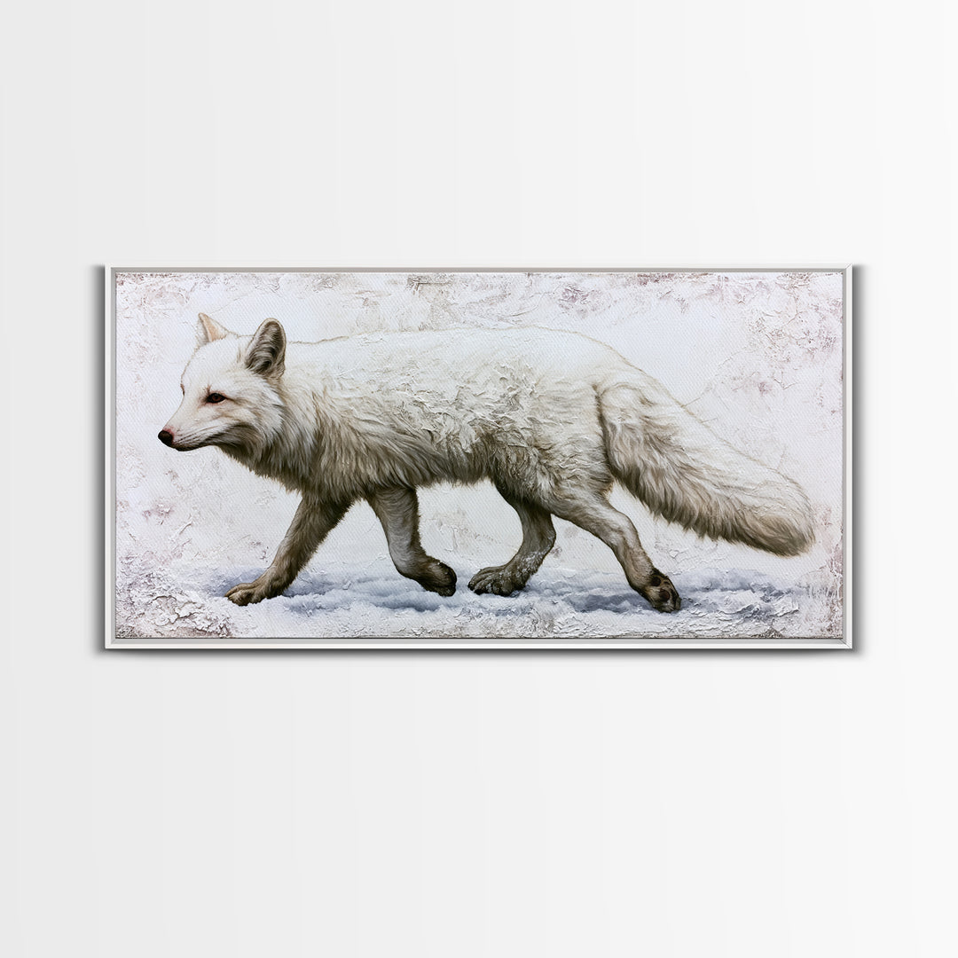 White Fox in Quiet Snow Framed Canvas Print, Scandinavian Art, Living Room Decor, Nordic, Gallery Decor, Neutral Decor, SCA-2x1-80