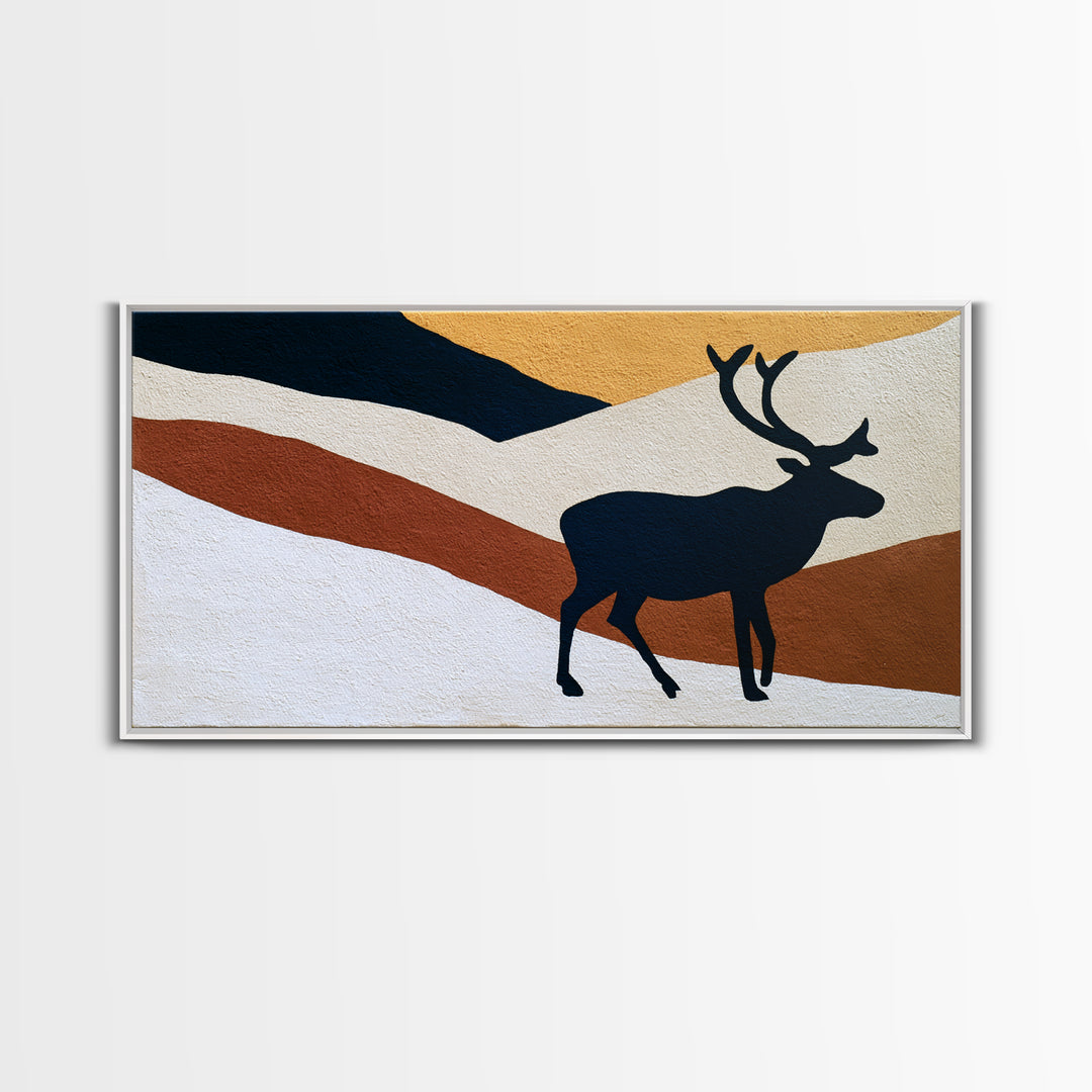 Reindeer Silhouette in Snowy Landscape Canvas Print, Scandinavian Art, Wall Hanging, Living Room Decor, Fine Art, Nordic, SCA-2x1-98