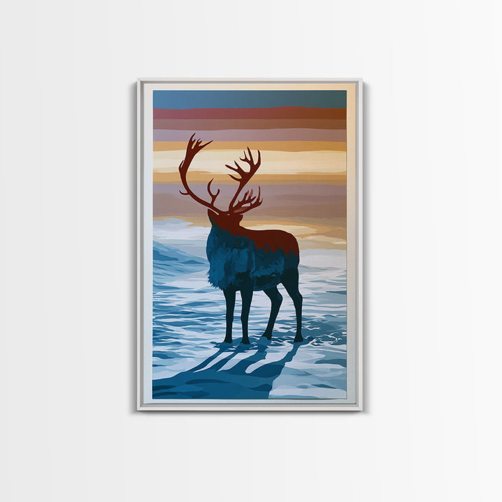 Reindeer Silhouette in Snowy Landscape Canvas Print, Scandinavian Art, Printable, Living Room Decor, Fine Art, Nordic, SCA-2x3-14