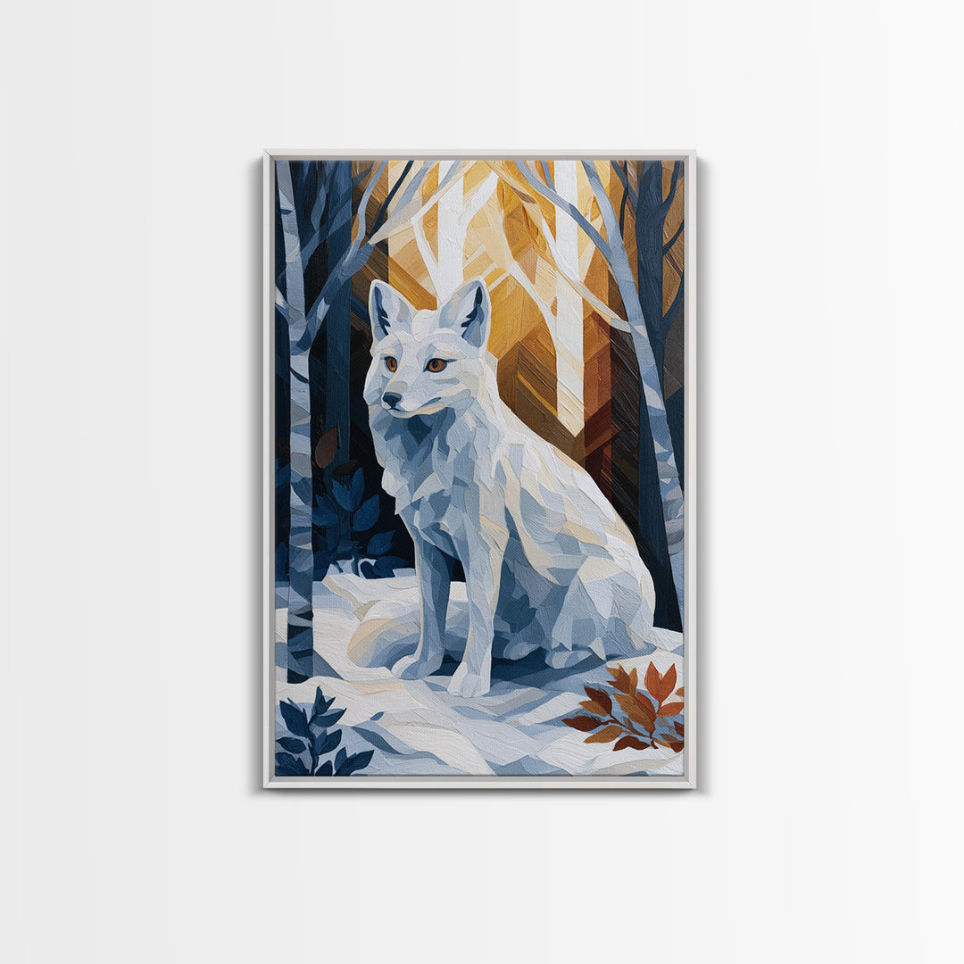 White Fox in Quiet Snow Framed Canvas Print, Scandinavian Art, Boho Wall Decor, Living Room Decor, Oil Painting, Nordic, SCA-2x3-20