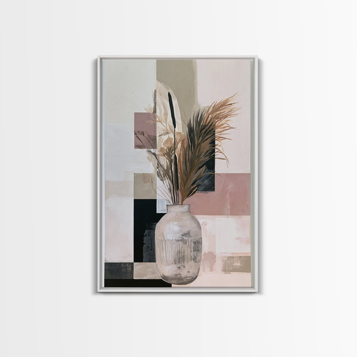 Ceramic Vase with Dried Grasses Framed Canvas Print, Scandinavian Art, Abstract Art, Living Room Decor, Oil Painting, Nordic, SCA-2x3-21