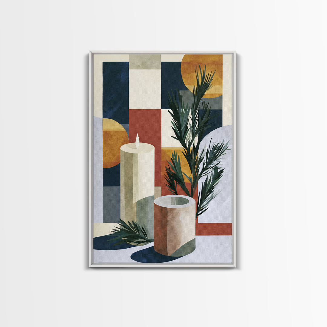 Hygge Candle and Pine Branch Still Life Framed Canvas Print, Scandinavian Art, Textured Painting, Living Room Decor, Nordic, SCA-2x3-36