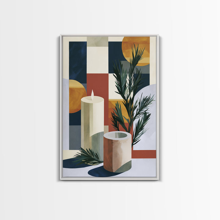Hygge Candle and Pine Branch Still Life Framed Canvas Print, Scandinavian Art, Textured Painting, Living Room Decor, Nordic, SCA-2x3-36
