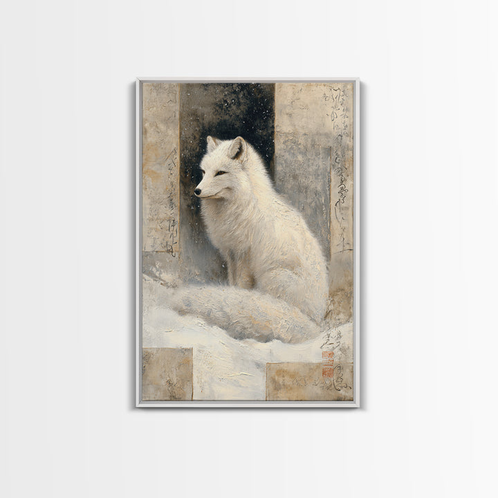 White Fox in Quiet Snow Framed Canvas Print, Scandinavian Art, Abstract Painting, Living Room Decor, Fine Art, Nordic, SCA-2x3-68