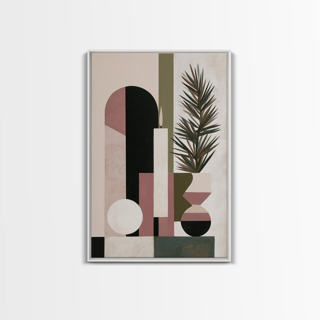 Hygge Candle and Pine Branch Still Life Framed Canvas Print, Scandinavian Art, Wall Art, Living Room Decor, Watercolor Art, SCA-2x3-84