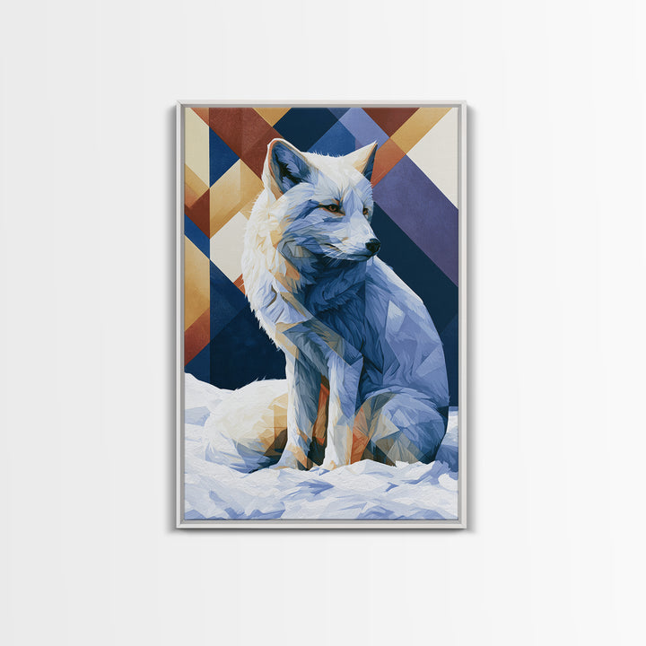 White Fox in Quiet Snow Framed Canvas Print, Scandinavian Art, Mid Century Modern, Living Room Decor, Abstract Art, Nordic, SCA-2x3-92
