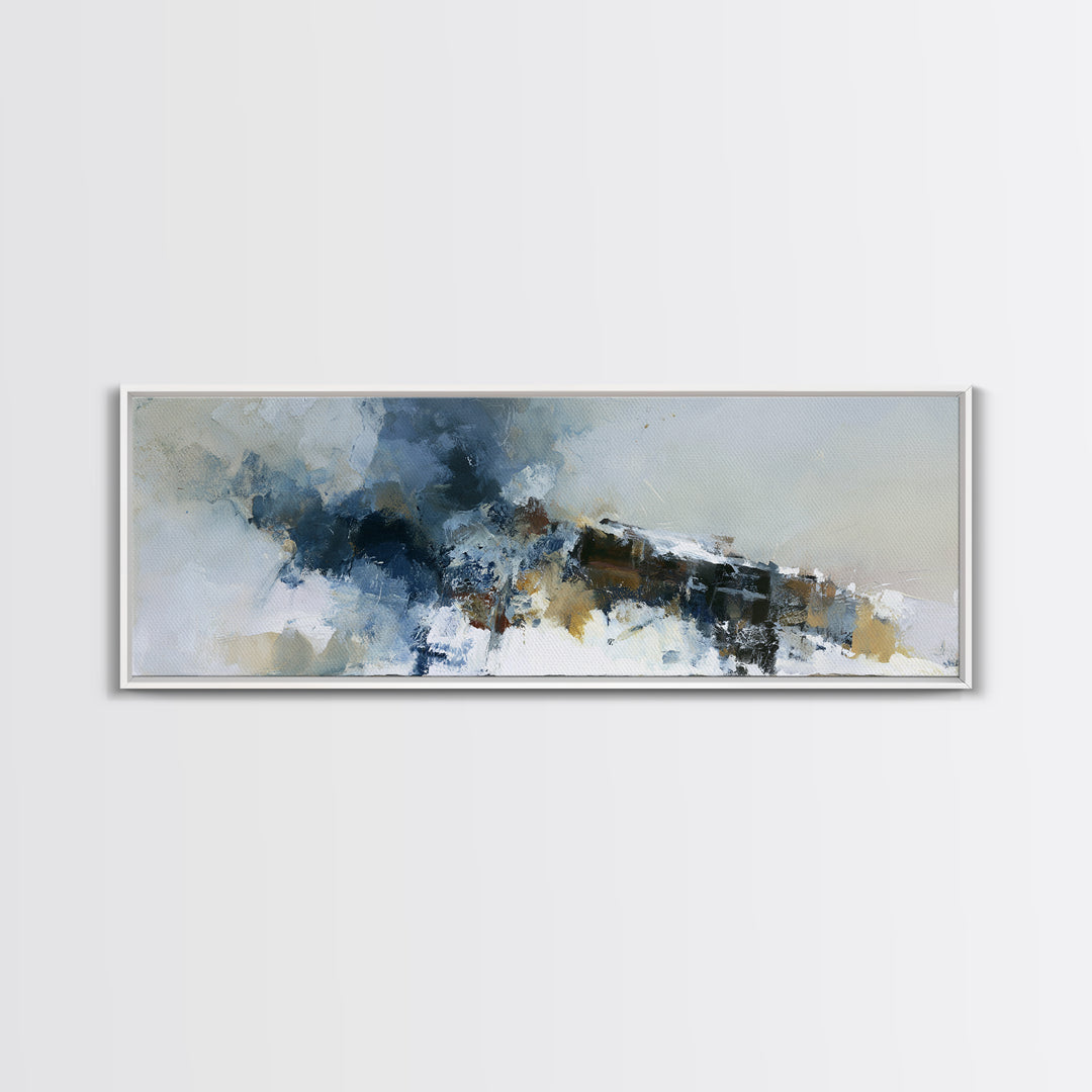 Winter Cabin Smoke Framed Canvas Print, Scandinavian Art, Oil Painting, Living Room Decor, Fine Art, Nordic, Boho Wall Decor, SCA-3x1-10