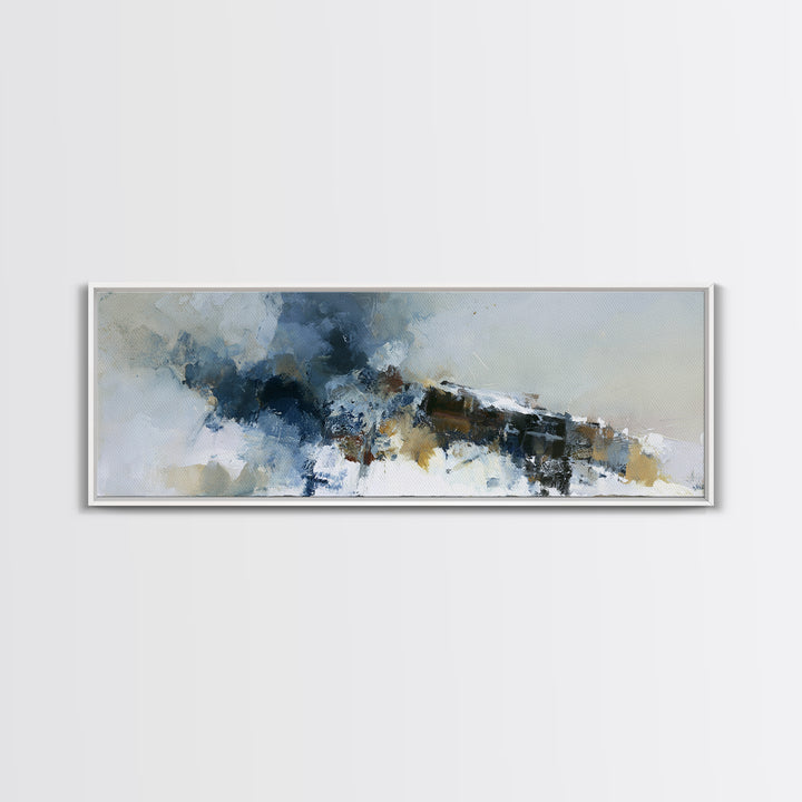 Winter Cabin Smoke Framed Canvas Print, Scandinavian Art, Oil Painting, Living Room Decor, Fine Art, Nordic, Boho Wall Decor, SCA-3x1-10