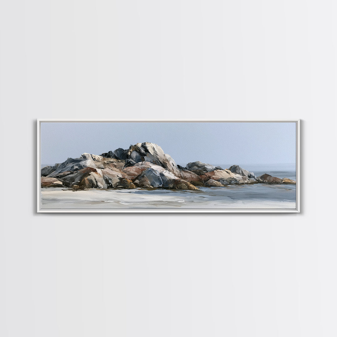 Quiet Coastal Rocks and Gray Sea Framed Canvas Print, Scandinavian Art, Fine Art Print, Living Room Decor, Fine Art, Nordic, SCA-3x1-15
