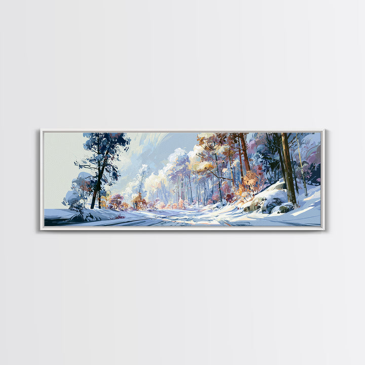 Snowy Nordic Forest Framed Canvas Print, Scandinavian Art, Gallery Decor, Living Room Decor, Fine Art, Nordic, Home Decor, SCA-3x1-17