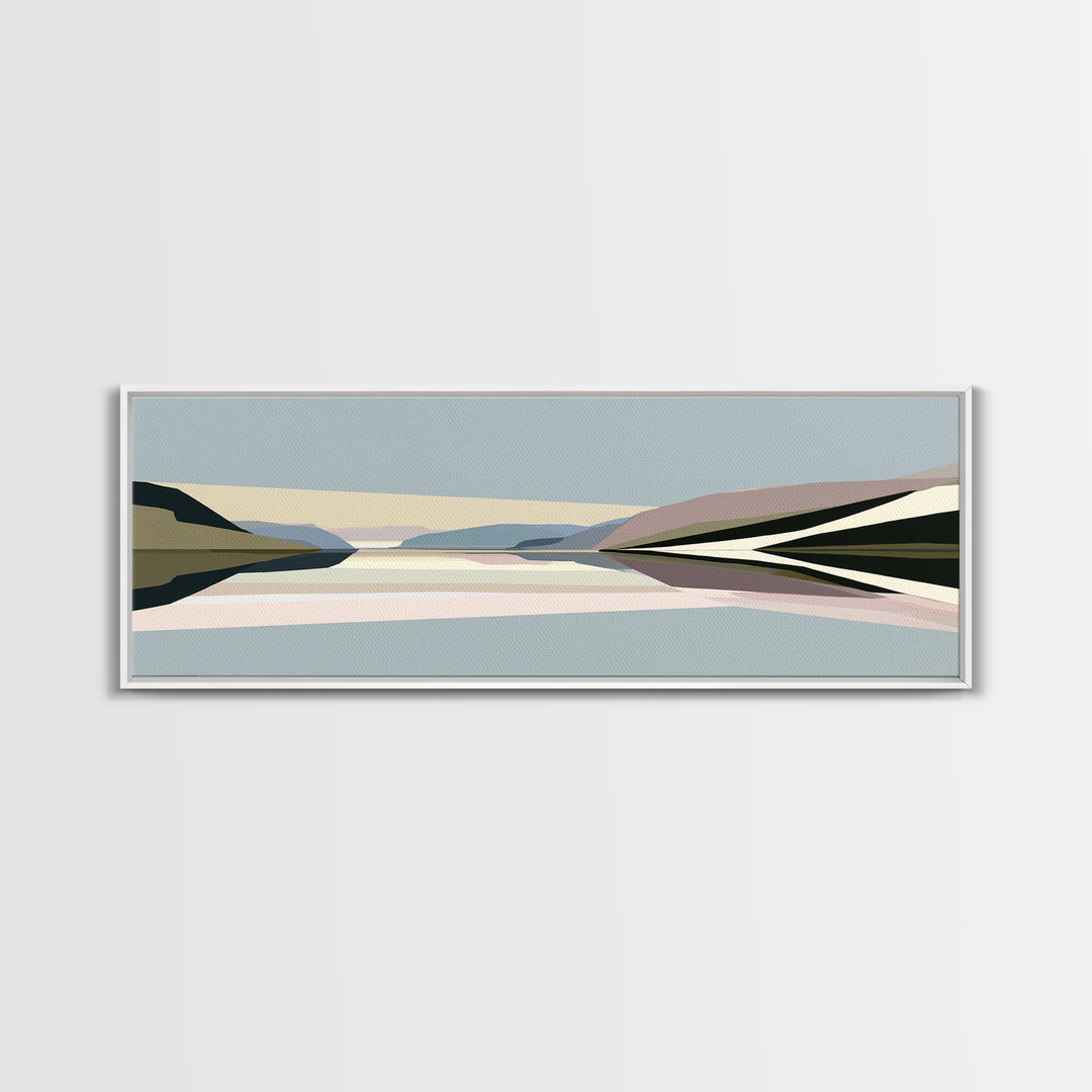 Minimal Fjord Landscape Framed Canvas Print, Scandinavian Art, Living Room Decor, Nordic, Gallery Decor, Neutral Decor, SCA-3x1-18