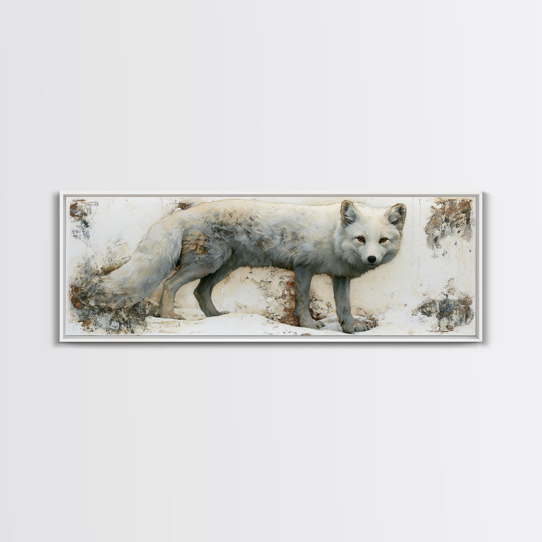 White Fox in Quiet Snow Framed Canvas Print, Scandinavian Art, Scandinavian, Living Room Decor, Oil Painting, Nordic, SCA-3x1-28