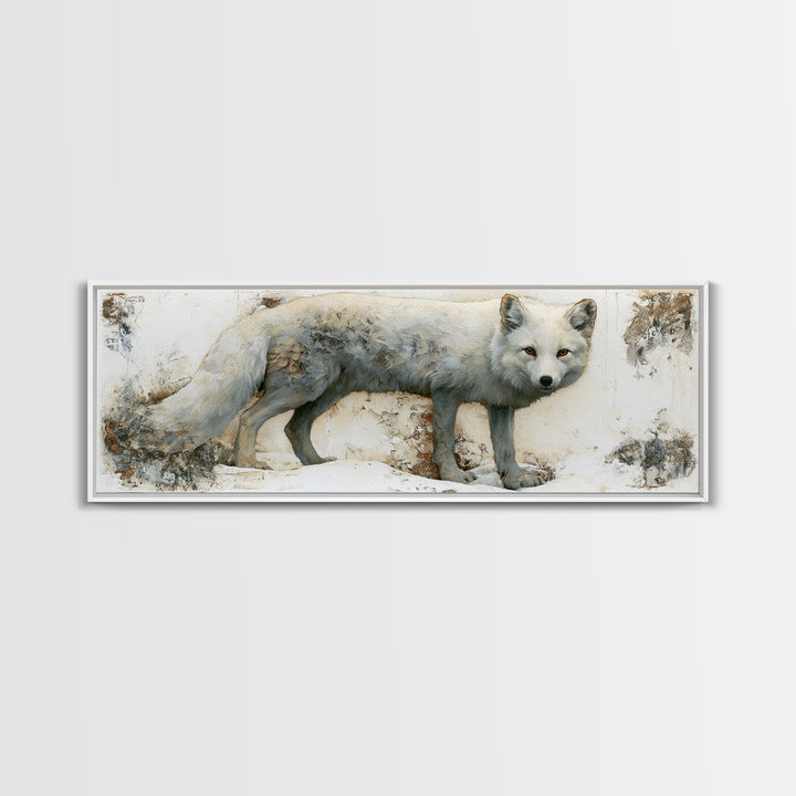 White Fox in Quiet Snow Framed Canvas Print, Scandinavian Art, Scandinavian, Living Room Decor, Oil Painting, Nordic, SCA-3x1-28
