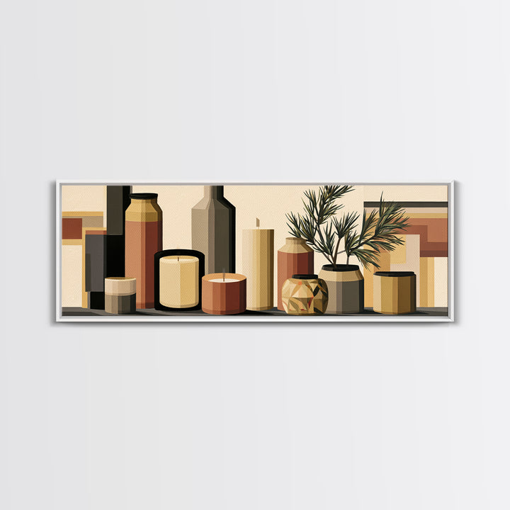 Hygge Candle and Pine Branch Still Life Framed Canvas Print, Scandinavian Art, Fine Art Print, Living Room Decor, SCA-3x1-44