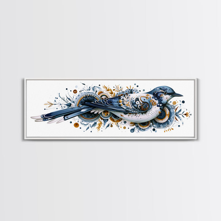 Nordic Folk Bird Framed Canvas Print, Scandinavian Art, Digital Wall Art, Living Room Decor, Fine Art, Nordic, Boho Decor, SCA-3x1-51