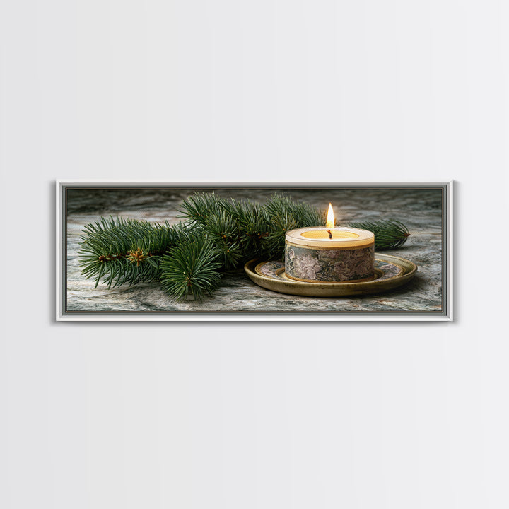 Hygge Candle and Pine Branch Still Life Framed Canvas Print, Scandinavian Art, Wall Decor, Living Room Decor, Fine Art, Nordic, SCA-3x1-68