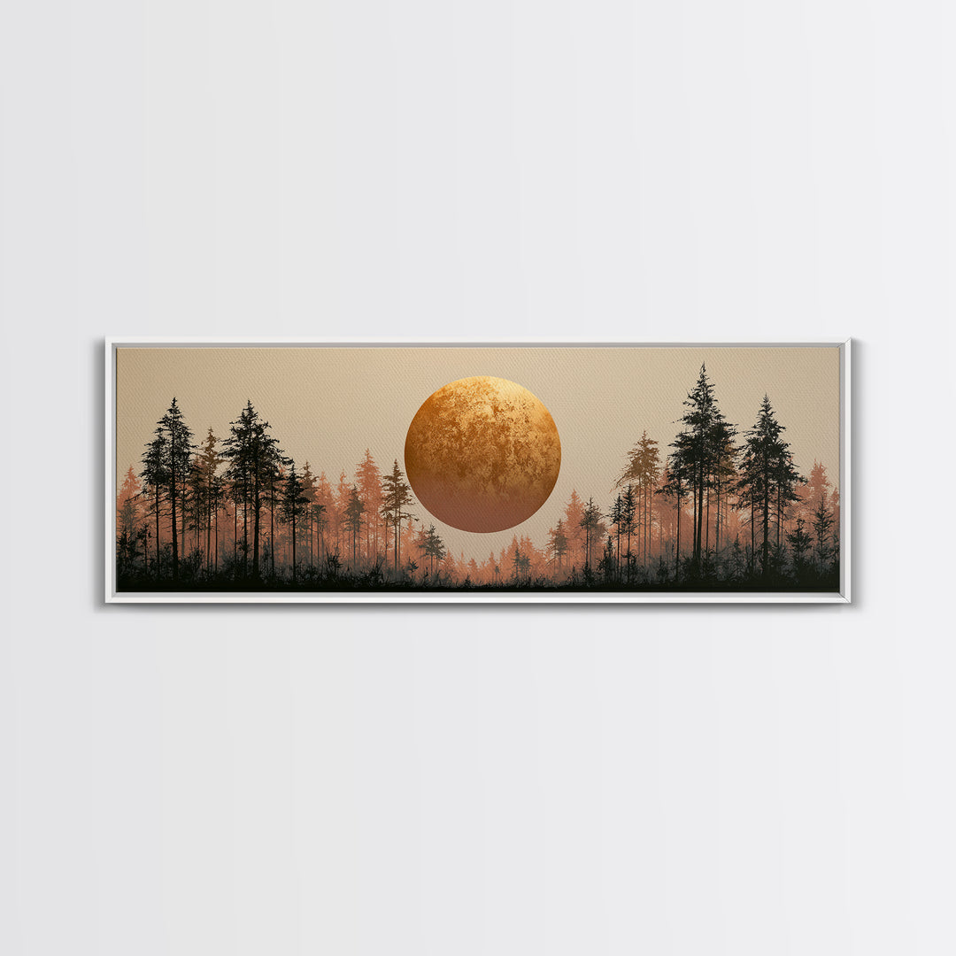 Minimal Sun over Pine Forest Framed Canvas Print, Scandinavian Art, Statement Artwork, Living Room Decor, Fine Art, Nordic, SCA-3x1-81
