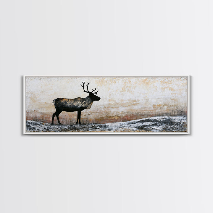 Reindeer Silhouette in Snowy Landscape Canvas Print, Scandinavian Art, Modern Art, Living Room Decor, Fine Art, Nordic, SCA-3x1-94