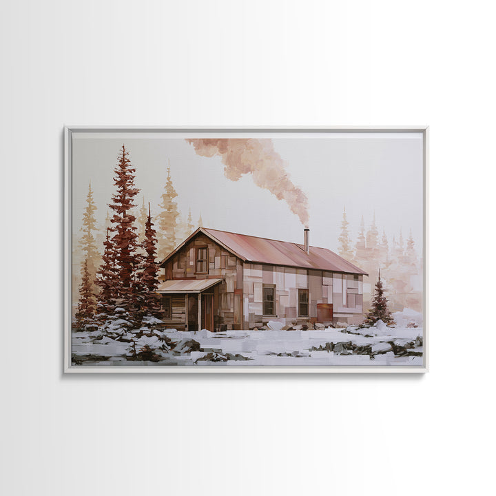 Winter Cabin Smoke Canvas Print, Scandinavian Art, Boho Wall Art, Living Room Decor, Oil Painting, Nordic, Modern Decor, SCA-3x2-22