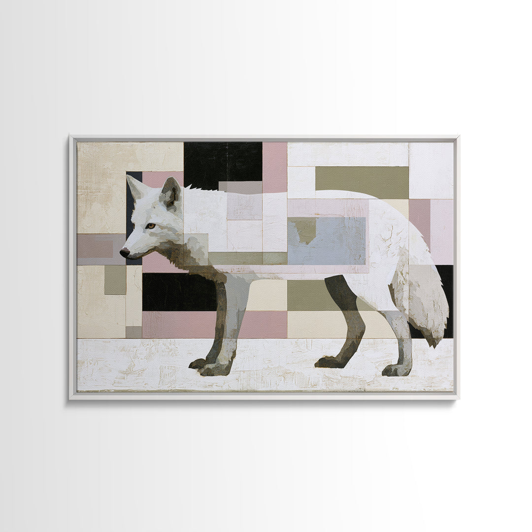 White Fox in Quiet Snow Framed Canvas Print, Scandinavian Art, Textured Painting, Living Room Decor, Oil Painting, Nordic, SCA-3x2-40