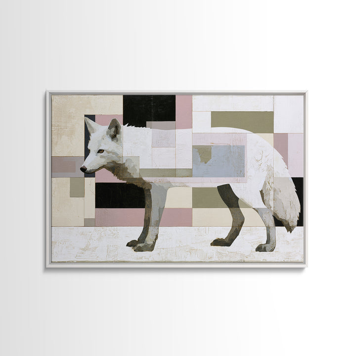 White Fox in Quiet Snow Framed Canvas Print, Scandinavian Art, Textured Painting, Living Room Decor, Oil Painting, Nordic, SCA-3x2-40