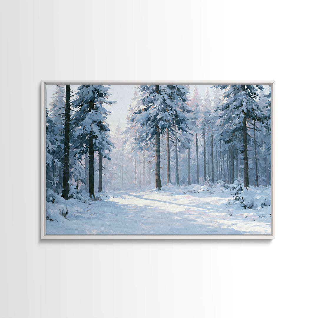 Snowy Nordic Forest Framed Canvas Print, Scandinavian Art, Statement Artwork, Living Room Decor, Oil Painting, Nordic, SCA-3x2-5