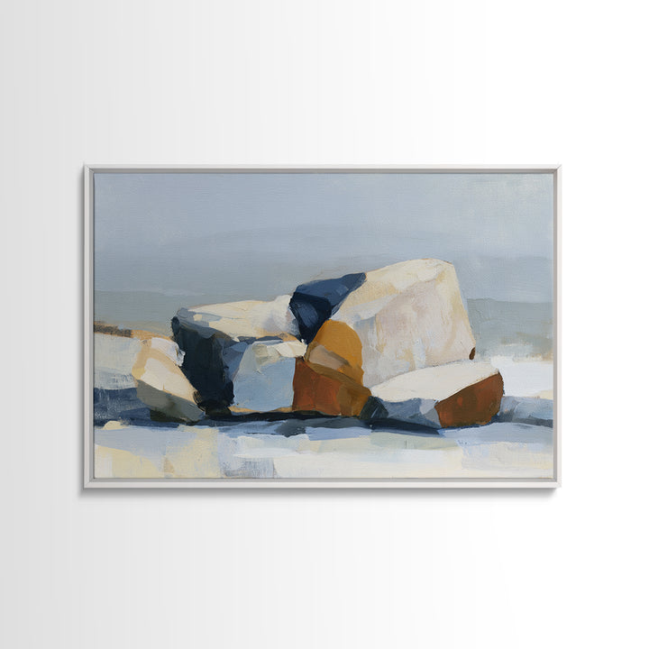 Quiet Coastal Rocks and Gray Sea Canvas Print, Scandinavian Art, Printable, Living Room Decor, Nordic, Abstract Wall Art, SCA-3x2-51
