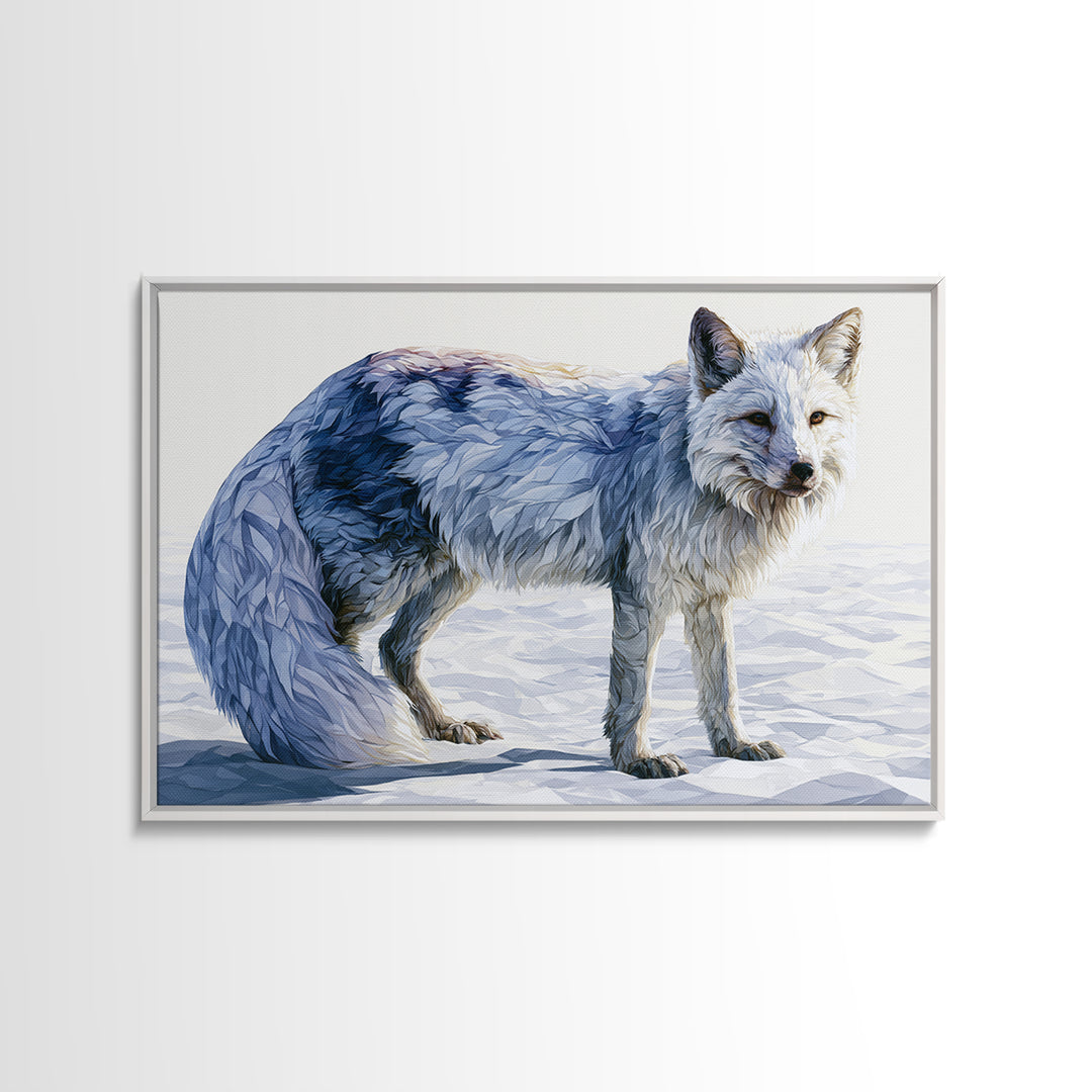 White Fox in Quiet Snow Framed Canvas Print, Scandinavian Art, Mid Century Modern, Living Room Decor, Abstract Art, Nordic, SCA-3x2-64