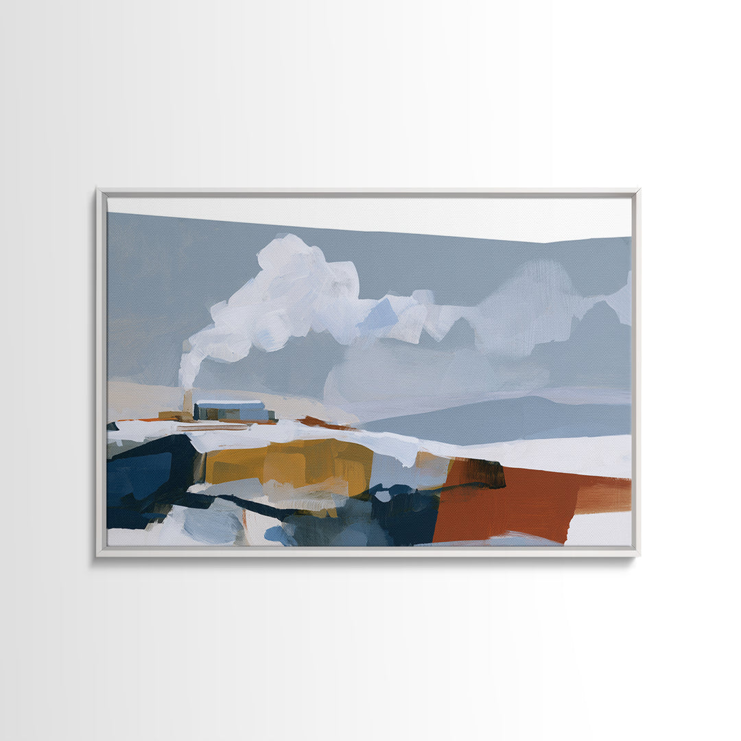 Winter Cabin Smoke Framed Canvas Print, Scandinavian Art, Living Room Wall Art, Living Room Decor, Fine Art, Nordic, SCA-3x2-70