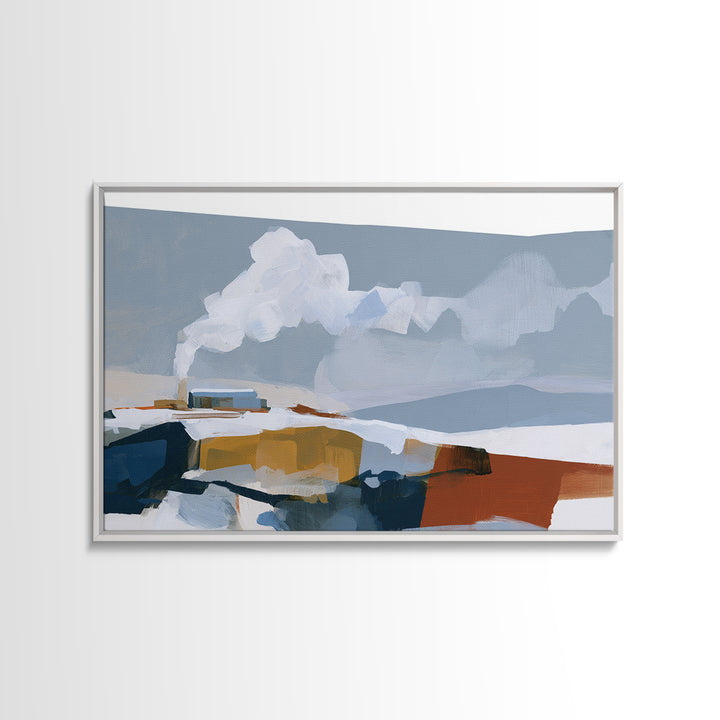 Winter Cabin Smoke Framed Canvas Print, Scandinavian Art, Living Room Wall Art, Living Room Decor, Fine Art, Nordic, SCA-3x2-70