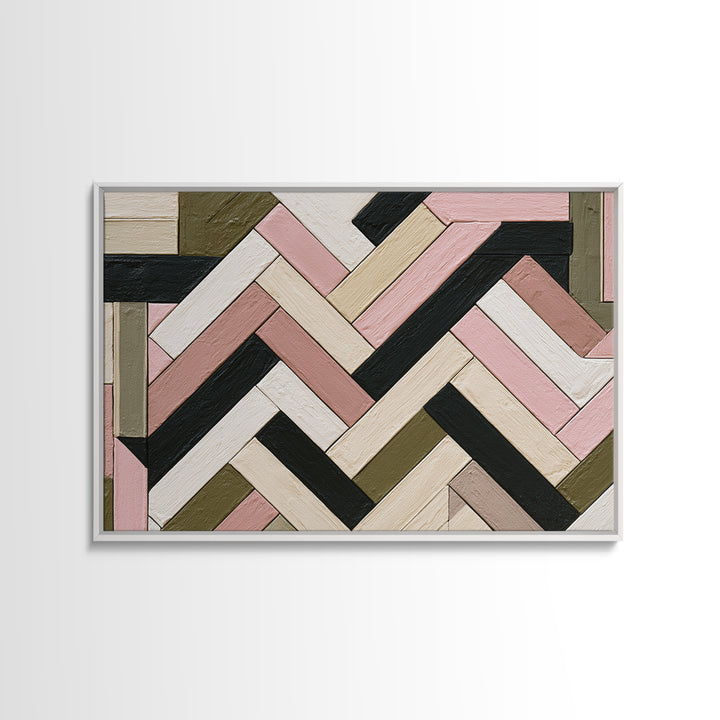 Herringbone Monochrome Pattern Framed Canvas Print, Scandinavian Art, Abstract Painting, Living Room Decor, Oil Painting, SCA-3x2-74