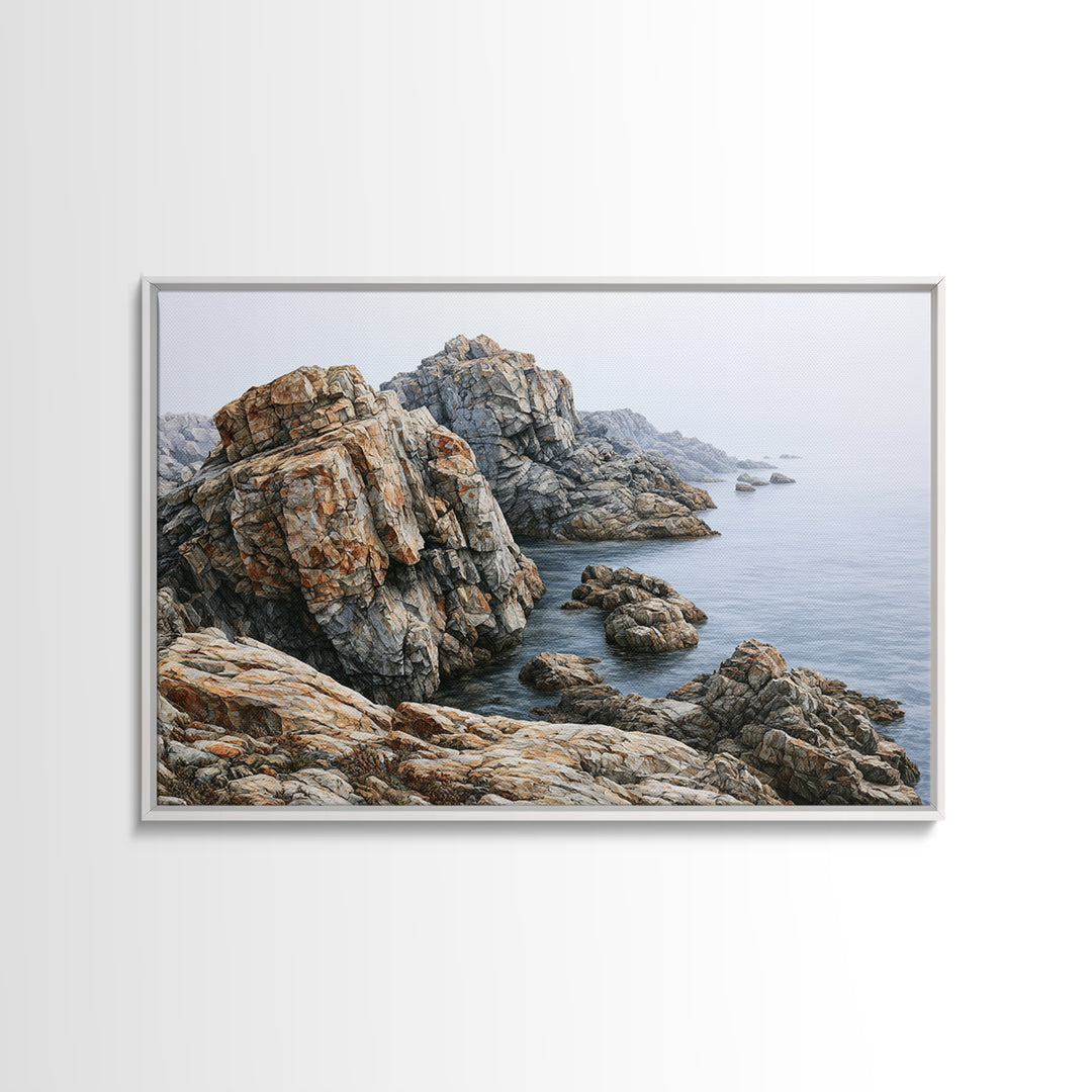 Quiet Coastal Rocks and Gray Sea Canvas Print, Scandinavian Art, Farmhouse Decor, Living Room Decor, Fine Art, Nordic, SCA-3x2-75