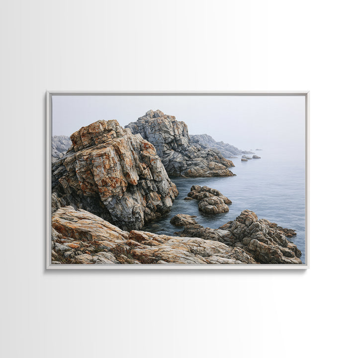 Quiet Coastal Rocks and Gray Sea Canvas Print, Scandinavian Art, Farmhouse Decor, Living Room Decor, Fine Art, Nordic, SCA-3x2-75