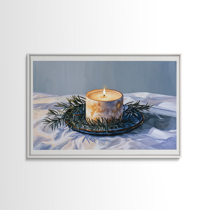 Hygge Candle and Pine Branch Still Life Framed Canvas Print, Scandinavian Art, Gallery Decor, Living Room Decor, Nordic, SCA-3x2-8