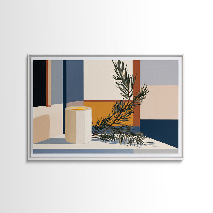 Hygge Candle and Pine Branch Still Life Framed Canvas Print, Scandinavian Art, Digital Wall Art, Living Room Decor, Nordic, SCA-3x2-80