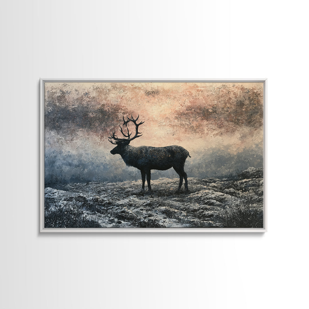Reindeer Silhouette in Snowy Landscape Framed Canvas Print, Scandinavian Art, Statement Artwork, Living Room Decor, Nordic, SCA-3x2-82