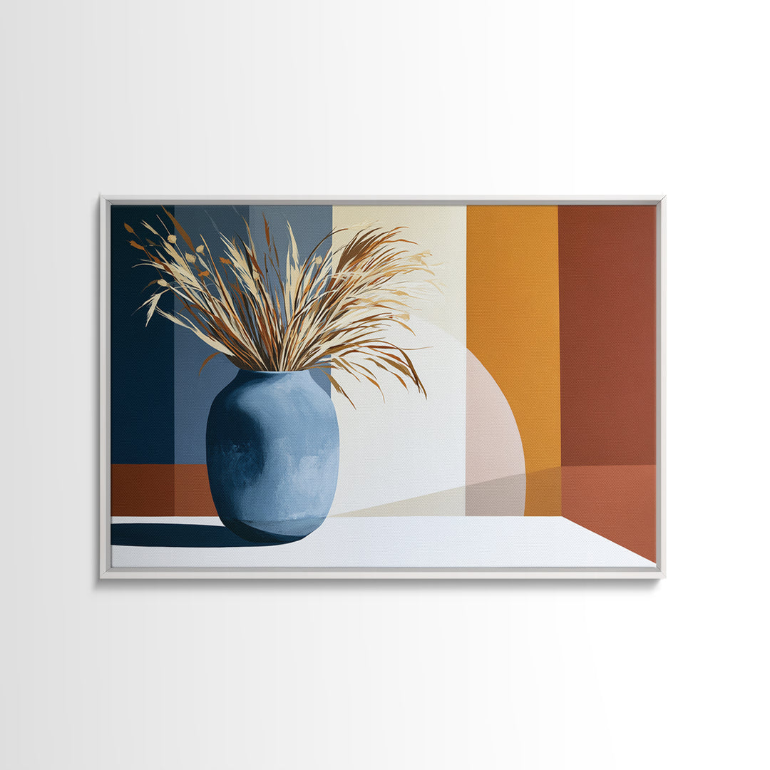 Ceramic Vase with Dried Grasses Canvas Print, Scandinavian Art, Living Room Decor, Oil Painting, Nordic, Wall Hanging, SCA-3x2-89