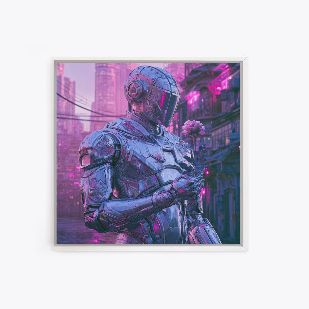 Silver Android Holding a Flower Canvas Print, Scifi Art, Space Art, Living Room Decor, Fine Art, Orbit, Luxury Decor, SCI-1x1-14