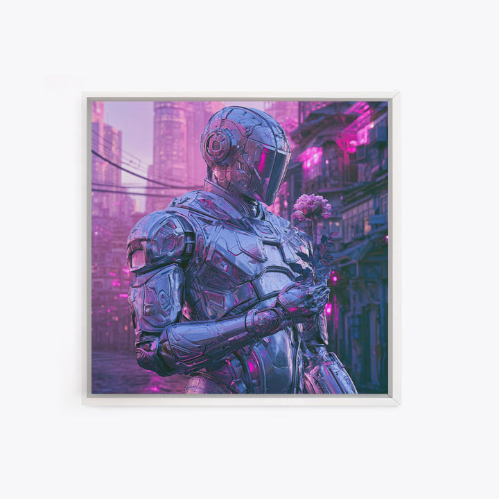 Silver Android Holding a Flower Canvas Print, Scifi Art, Space Art, Living Room Decor, Fine Art, Orbit, Luxury Decor, SCI-1x1-14