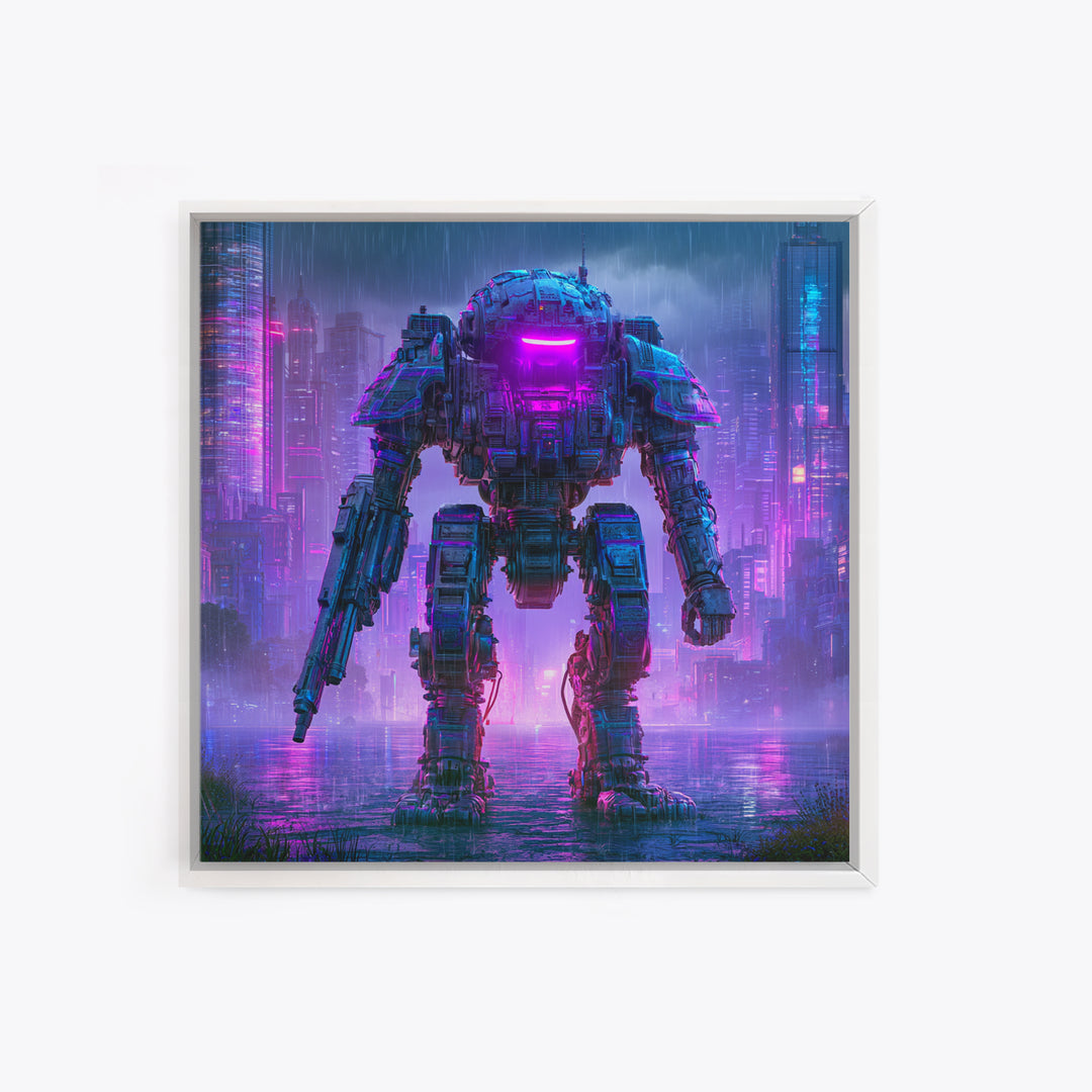 Mech Silhouette in Rainy Neon City Canvas Print, Scifi Art, Retro Wall Art, Living Room Decor, Oil Painting, Orbit, Fantasy Art, SCI-1x1-15