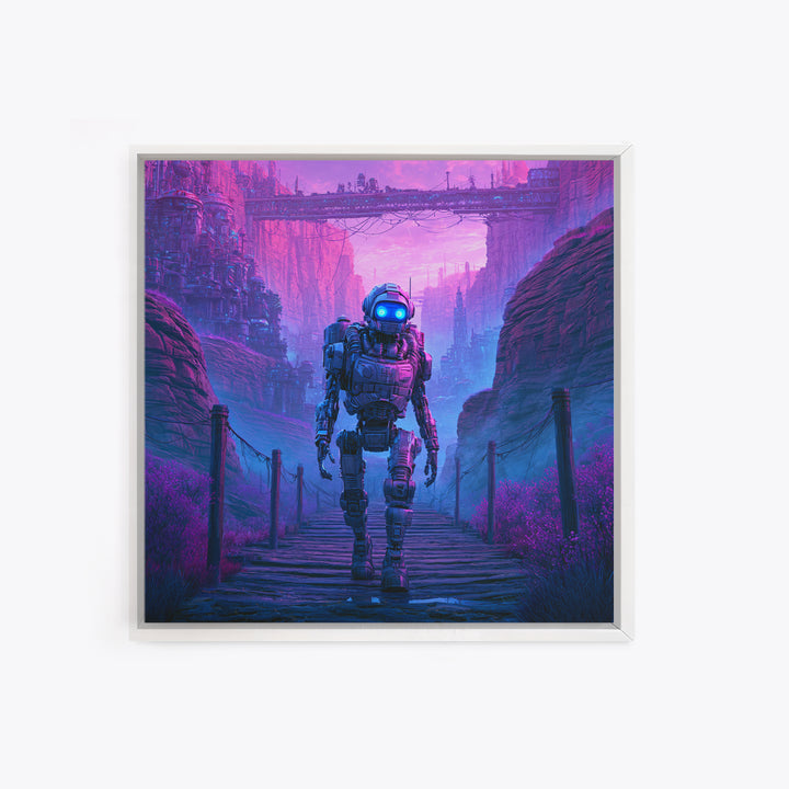 Robot Companion Crossing a Red Canyon Framed Canvas Print, Scifi Art, Decor, Living Room Decor, Orbit, Mid Century Art, SCI-1x1-28