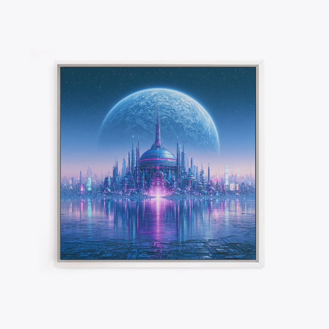 Moon Colony Beneath Earth Rise Framed Canvas Print, Scifi Art, Weird Art, Living Room Decor, Abstract Art, Orbit, Art Print, SCI-1x1-42