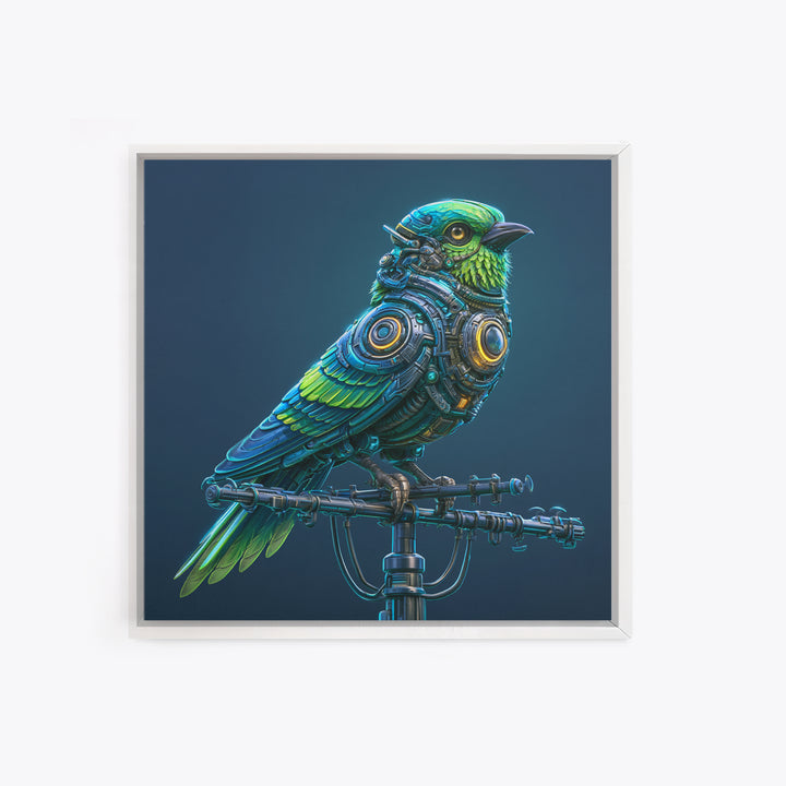 Robot Bird Perched on Antenna Framed Canvas Print, Scifi Art, Modern Art, Living Room Decor, Orbit, Retro Futurism Art, SCI-1x1-47