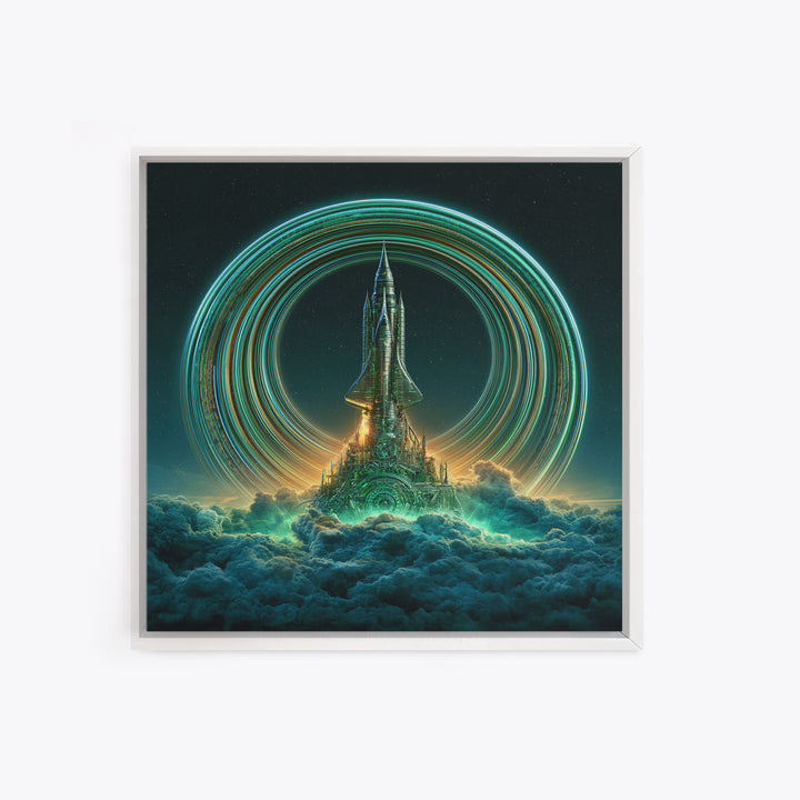 Retro Rocket Launching Through Cloud Rings Framed Canvas Print, Scifi Art, Boho Decor, Living Room Decor, Oil Painting, Orbit, SCI-1x1-79